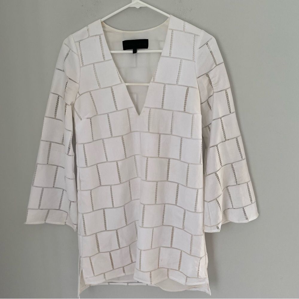 Kendall + Kylie V Neck Eyelet Bell Sleeve Micro Mini White Dress